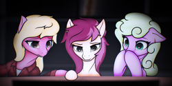 Size: 8198x4099 | Tagged: safe, artist:d30-nt00rg, imported from derpibooru, daisy, flower wishes, lily, lily valley, roseluck, earth pony, pony, absurd resolution, clothes, covering mouth, female, flower trio, mare, plaid, plaid shirt, shirt, trio