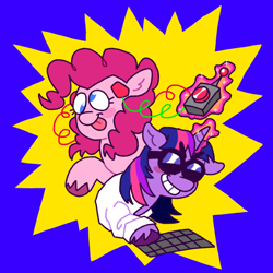 Size: 640x640 | Tagged: safe, artist:phobohobo, imported from derpibooru, pinkie pie, twilight sparkle, earth pony, pony, unicorn, clothes, derp, device, female, goggles, keyboard, lab coat, magic, science, wires
