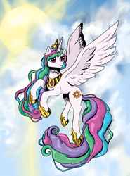 Size: 1938x2618 | Tagged: safe, artist:heatherberserker, imported from derpibooru, princess celestia, alicorn, pony, cloud, female, flying, sky, solo, spread wings, sun, wings