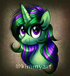 Size: 1905x2068 | Tagged: safe, artist:kimmyartmlp, imported from derpibooru, oc, oc only, oc:mint heart, pony, unicorn, bust, female, horn, smiling, solo, unicorn oc