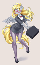 Size: 1184x1920 | Tagged: safe, alternate version, artist:dstears, imported from derpibooru, derpy hooves, anthro, pegasus, adorasexy, businessmare, clothes, cute, derpabetes, female, glasses, legs, looking at you, meganekko, miniskirt, office, office lady, pantyhose, round glasses, sexy, shoes, side slit, simple background, skirt, skirt suit, solo, spread wings, suit, suitcase, wings