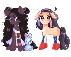 Size: 4096x3282 | Tagged: safe, artist:panimeko, imported from derpibooru, oc, oc only, oc:isla sun, oc:violetta, earth pony, pony, rabbit, animal, chile, clothes, dress, duo, ear piercing, earring, female, flag, jewelry, mare, markings, multicolored hair, necklace, piercing, plushie, ponified oc, simple background, sitting, socks, stockings, tattoo, thigh highs, toy, transparent background