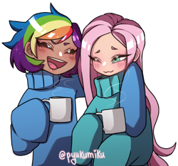 Size: 1024x960 | Tagged: safe, artist:pyukumeru, imported from derpibooru, fluttershy, rainbow dash, human, blushing, clothes, coffee, cute, dashabetes, duo, eyes closed, female, flutterdash, humanized, lesbian, moderate dark skin, mug, one eye closed, open mouth, shipping, shyabetes, simple background, sweater, sweatershy, transparent background, wink