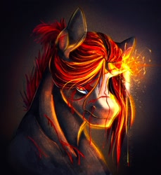 Size: 1798x1964 | Tagged: safe, artist:damayantiarts, imported from derpibooru, oc, oc only, pony, unicorn, angry, blood, broken horn, bust, horn, male, solo, sparking horn, stallion