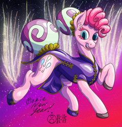 Size: 1436x1500 | Tagged: safe, artist:sepiakeys, imported from derpibooru, pinkie pie, earth pony, pony, cheongsam, chinese, chinese dress, clothes, cutie mark, dress, hair bun, sketch, solo, tail, tail bun