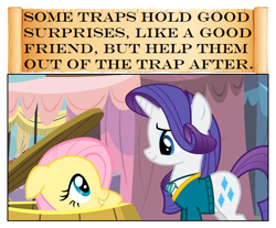 Size: 612x507 | Tagged: safe, artist:newbiespud, artist:swest, edit, edited screencap, imported from derpibooru, screencap, fluttershy, rarity, pegasus, pony, unicorn, comic:friendship is dragons, filli vanilli, barrel, clothes, comic, cute, female, floppy ears, mare, screencap comic, shyabetes
