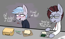 Size: 1679x1008 | Tagged: safe, artist:pinkberry, imported from derpibooru, oc, oc:winter azure, unnamed oc, semi-anthro, colt, duo, female, femboy, foal, male, mare, that escalated quickly, trap, unamused
