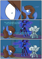 Size: 3000x4242 | Tagged: safe, artist:moonatik, imported from derpibooru, part of a set, nightmare moon, oc, oc:bizarre song, oc:selenite, alicorn, bat pony, pegasus, pony, alternate timeline, armor, bat pony oc, boots, close-up, clothes, comic, dialogue, eyeshadow, female, gloves, hair bun, helmet, high res, makeup, male, mare, military uniform, missing accessory, new lunar millennium, nightmare takeover timeline, pegasus oc, petrification, peytral, raised hoof, shoes, stallion, tail, tail bun, uniform