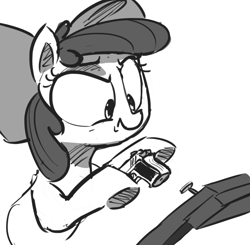Size: 2827x2774 | Tagged: safe, artist:tg1117, imported from derpibooru, apple bloom, earth pony, pony, female, filly, foal, gun, high res, hoof hold, imminent darwin award, nail, plank, this will end in death, this will end in tears, this will end in tears and/or death, underhoof, weapon, wood