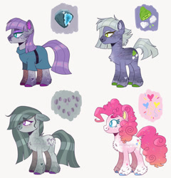 Size: 876x912 | Tagged: safe, artist:wanderingpegasus, imported from derpibooru, limestone pie, marble pie, pinkie pie, earth pony, pony, alternate hairstyle, belt, chest fluff, clothes, dress, female, leg fluff, mare, markings, pie sisters, pie twins, redesign, siblings, simple background, sisters, twins, unshorn fetlocks, white background