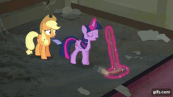 Size: 640x360 | Tagged: safe, imported from derpibooru, screencap, applejack, rainbow dash, twilight sparkle, alicorn, earth pony, pegasus, pony, season 6, the saddle row review, animated, applejack's hat, broom, cowboy hat, eyes closed, female, flying, gif, gifs.com, hat, magic, mare, mouth hold, open mouth, open smile, smiling, sweeping, sweepsweepsweep, telekinesis, twilight sparkle (alicorn)