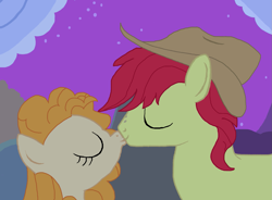 Size: 1465x1080 | Tagged: safe, artist:iloinen1, imported from ponybooru, bright mac, pear butter, brightbutter, cowboy hat, eyes closed, female, hat, husband and wife, kissing, love, male, marriage, married couple, shipping, straight