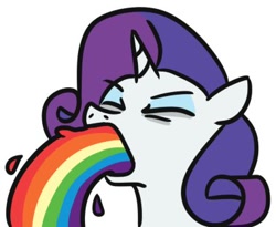 Size: 380x311 | Tagged: safe, artist:jargon scott, imported from ponybooru, rarity, pony, unicorn, ears, eyes closed, eyeshadow, female, floppy ears, makeup, mare, open mouth, puking rainbows, rainbow, simple background, solo, vomit, vomiting, white background