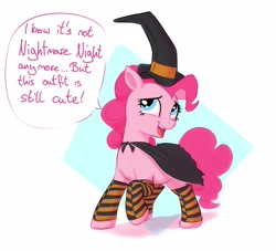 Size: 3583x3250 | Tagged: safe, artist:crade, imported from ponybooru, pinkie pie, earth pony, pony, cape, clothes, costume, dialogue, female, hat, mare, nightmare night costume, open mouth, socks, solo, speech bubble, striped socks, witch costume, witch hat