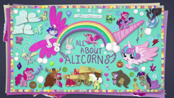 Size: 1000x563 | Tagged: safe, imported from derpibooru, angel bunny, big macintosh, derpy hooves, discord, granny smith, opalescence, pinkie pie, princess flurry heart, starlight glimmer, tank, twilight sparkle, alicorn, what about discord?, all about alicorns, baby flurry heart's heartfelt scrapbook, button, cloud, heart, horns, wings