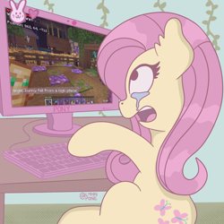 Size: 2048x2048 | Tagged: safe, artist:lynnpone, imported from derpibooru, angel bunny, fluttershy, pegasus, pony, crying, female, high res, mare, meme, minecraft, shocked fluttershy meme, solo