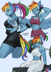 Size: 1754x2480 | Tagged: safe, artist:nire, imported from derpibooru, rainbow dash, anthro, pegasus, alternate hairstyle, ambiguous facial structure, arm behind head, armpits, ass, athletic, back muscles, barbell, belly button, bench press, biceps, blushing, bra, breasts, butt, clothes, compression shorts, cutie mark on clothes, female, fingerless gloves, fit, flexing, gloves, hair tie, halter top, hamstrings, hand on hip, implied lesbian, implied shipping, implied twidash, implied twilight sparkle, leggings, looking at you, looking back, looking back at you, midriff, muscles, muscular female, pants, ponytail, pose, quadriceps, rainbuff dash, rainbutt dash, reasonably sized breasts, sexy, short hair, shorts, small breasts, solo, sports bra, sports shorts, spread wings, stupid sexy rainbow dash, tattoo, thighs, thunder thighs, tight clothing, tomboy, underwear, weights, wide hips, wings, workout outfit, yoga pants