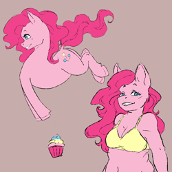 Size: 688x688 | Tagged: safe, alternate version, artist:natt333, imported from derpibooru, pinkie pie, anthro, earth pony, pony, belly, belly button, breasts, busty pinkie pie