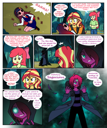 Size: 824x982 | Tagged: safe, artist:crydius, imported from derpibooru, apple bloom, sunset shimmer, oc, oc:eldritch, oc:gamma, oc:sagacious, comic:calamitous card game, equestria girls, comic, glowing, glowing eyes, unconscious, yu-gi-oh!, yugioh card