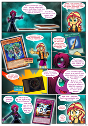 Size: 828x1190 | Tagged: safe, artist:crydius, imported from derpibooru, sunset shimmer, oc, oc:eldritch, oc:sagacious, comic:calamitous card game, equestria girls, comic, crossover, yu-gi-oh!, yugioh card