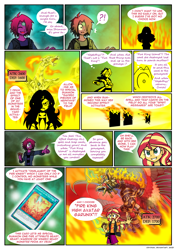 Size: 832x1178 | Tagged: safe, artist:crydius, imported from derpibooru, sunset shimmer, oc, oc:eldritch, oc:sagacious, comic:calamitous card game, equestria girls, crossover, fiery shimmer, fire, yu-gi-oh!, yugioh card