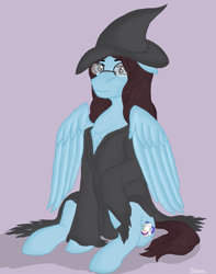 Size: 1705x2160 | Tagged: safe, artist:valdemar, imported from derpibooru, oc, oc only, oc:mayzay, pegasus, pony, clothes, costume, female, halloween, halloween costume, hat, holiday, mare, sitting, solo, witch, witch costume, witch hat