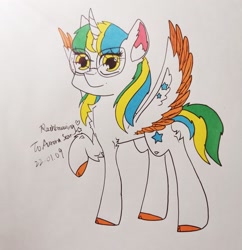 Size: 2566x2646 | Tagged: safe, artist:rainbowwing, imported from derpibooru, oc, oc only, oc:aurora star, alicorn, glasses, high res, solo, spread wings, traditional art, wings