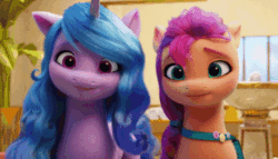 Size: 560x320 | Tagged: safe, edit, edited screencap, imported from derpibooru, screencap, izzy moonbow, sunny starscout, earth pony, pony, unicorn, spoiler:my little pony: a new generation, animated, cute, female, g5, gif, izzybetes, looped, mare, my little pony: a new generation, no, reaction image, sunnybetes, synchronous, yes