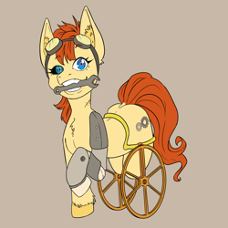 Size: 1446x1446 | Tagged: safe, alternate version, artist:natt333, imported from derpibooru, oc, oc:rusty gear, cyborg, earth pony, pony, amputee, artificial eye, brown background, disabled, female, hooves, mare, missing leg, prosthetic leg, prosthetic limb, prosthetics, simple background, solo, steampunk, stump, wheelchair
