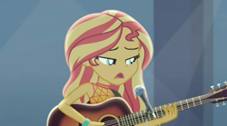Size: 1920x1069 | Tagged: safe, imported from derpibooru, screencap, sunset shimmer, equestria girls, equestria girls series, let it rain, spoiler:eqg series (season 2), acoustic guitar, female, guitar, musical instrument, singing, sleeveless, solo