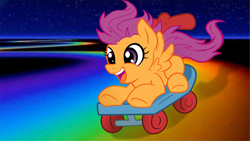Size: 1366x768 | Tagged: artist needed, safe, imported from derpibooru, scootaloo, pegasus, pony, happy, night, open mouth, png, rainbow road, scooter, smiling, solo, spread wings, wings
