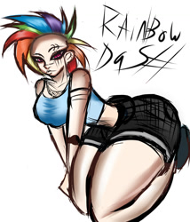 Size: 1280x1493 | Tagged: safe, artist:darknud, imported from derpibooru, rainbow dash, human, ass, breasts, butt, female, humanized, kneeling, makeup, mohawk, simple background, solo, white background