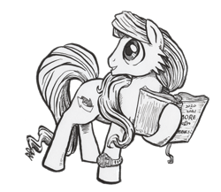 Size: 3000x2600 | Tagged: safe, artist:abronyaccount, derpibooru exclusive, imported from derpibooru, oc, oc only, oc:phrase turner, earth pony, pony, derpibooru community collaboration, 2022 community collab, black and white, book, earth pony oc, grayscale, hair tie, high res, ink drawing, long mane, long mane male, long tail, male, monochrome, ponytail, sideburns, simple background, solo, stallion, standing, tail, traditional art, transparent background, watch