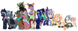 Size: 2880x1163 | Tagged: safe, artist:darktailsko, artist:idkhesoff, artist:rerorir, artist:valkiria, imported from derpibooru, oc, oc only, oc:cocoa berry, oc:elizabat stormfeather, oc:elizabrat meanfeather, oc:halcyon halfnote, oc:icey wicey, oc:larynx (changeling), oc:lobelya, oc:mish-mash, oc:popsicle dagger, oc:wild goosechase, unnamed oc, alicorn, bat pony, bat pony alicorn, changedling, changeling, dragon, earth pony, hybrid, kirin, pegasus, pony, unicorn, derpibooru community collaboration, 2022 community collab, alicorn oc, amputee, armor, artificial wings, augmented, bandage, bandana, bard, base used, bat pony oc, bat wings, belt, bits, blank flank, blushing, boots, burning, buttons, changedling oc, changeling oc, choker, clone, clothes, concern, dragon oc, dungeons and dragons, ear piercing, earring, evil grin, eyeshadow, fantasy class, female, fire, food, freckles, genderfluid, glass, glasses, gloves, glowing, glowing horn, grin, hat, healer, helmet, hoodie, hoof shoes, horn, hug, jacket, jewelry, kirin oc, knee pads, knife, leather jacket, levitation, lip piercing, magic, makeup, male, mare, markings, money, multicolored hair, needles, nonbinary, open mouth, pants, pen and paper rpg, piercing, pincushion, pins, plushie, ponysona, potion, pouch, prosthetic limb, prosthetic wing, prosthetics, rainbow socks, raised hoof, raised leg, robe, rpg, saddle, scar, scared, scarf, shirt, shoes, simple background, singing, sitting, sky, smiling, socks, spiked choker, stabbing, stallion, striped socks, sushi, sweat, sweatdrop, tack, tattoo, telekinesis, transparent background, unshorn fetlocks, uwu, vest, wall of tags, wings, wizard, wizard hat