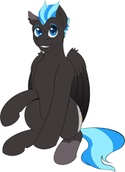 Size: 2327x3212 | Tagged: safe, artist:wcnimbus, imported from derpibooru, oc, oc:nimbus, pegasus, derpibooru community collaboration, 2022 community collab, blue eyes, blue hair, colored wings, gradient wings, gray coat, high res, looking at you, male, simple background, sitting, solo, splotches, transparent background, wings