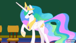 Size: 640x360 | Tagged: safe, imported from derpibooru, screencap, princess celestia, alicorn, pony, horse play, season 8, animated, bipedal, chair, chalkboard, crown, eyes closed, female, gif, gifs.com, jewelry, mare, regalia, smiling, solo