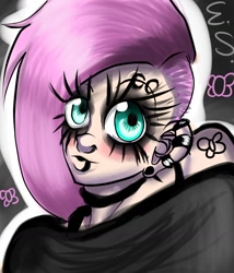 Size: 1280x1493 | Tagged: safe, artist:darknud, imported from derpibooru, fluttershy, human, alternate hairstyle, bust, ear piercing, earring, eyelashes, female, flutterpunk, humanized, jewelry, lip piercing, makeup, piercing, punk, solo, tattoo