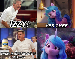 Size: 4096x3224 | Tagged: safe, edit, edited screencap, imported from derpibooru, screencap, izzy moonbow, human, pony, unicorn, spoiler:my little pony: a new generation, bing bong, female, food, g5, gordon ramsay, hell's kitchen, horn, male, mare, mayonnaise, meme, my little pony: a new generation, sauce, this will end in bing bong