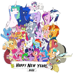 Size: 5030x5059 | Tagged: safe, artist:chub-wub, imported from derpibooru, apple bloom, applejack, discord, fluttershy, hitch trailblazer, izzy moonbow, pinkie pie, pipp petals, princess cadance, princess celestia, princess flurry heart, princess luna, queen haven, rainbow dash, rarity, scootaloo, shining armor, spike, sprout cloverleaf, starlight glimmer, sunburst, sunny starscout, sweetie belle, trixie, twilight sparkle, zipp storm, alicorn, dog, draconequus, dragon, earth pony, pegasus, pomeranian, pony, unicorn, 2022, absurd resolution, alphabittle blossomforth, beard, clothes, cloudpuff, cute, cutie mark crusaders, eyebrows, eyebrows visible through hair, facial hair, female, filly, foal, g5, glass, happy new year, happy new year 2022, hat, holiday, horn, male, mane five (g5), mane seven, mane six, mare, my little pony: a new generation, new mane six (g5), one eye closed, phyllis cloverleaf, royal sisters, siblings, simple background, sisters, stallion, transparent background, trixie's hat, twilight sparkle (alicorn), unnamed character, unnamed pony, wall of tags