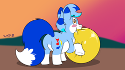 Size: 3840x2160 | Tagged: safe, artist:rupertbluefox, derpibooru exclusive, imported from derpibooru, oc, oc:rupert the blue fox, fox, fox pony, hybrid, original species, pony, balloon, balloon fetish, blowing up balloons, blushing, butt, chubby, countershading, fat, fetish, high res, male, plot, solo, squishy, stallion, that pony sure does love balloons, the ass was fat, yellow balloon