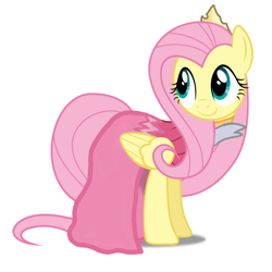 Size: 1378x1378 | Tagged: safe, artist:sunmint234, imported from derpibooru, fluttershy, pegasus, aurora, clothes, crown, disney, disney princess, disney style, dress, female, hair, outfit, princess, simple background, sleeping beauty, smiling, solo, spoilers for another series, tail, white background, wings, yellow