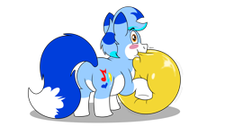 Size: 3840x2160 | Tagged: safe, artist:rupertbluefox, derpibooru exclusive, imported from derpibooru, oc, oc only, oc:rupert the blue fox, fox, fox pony, hybrid, original species, pony, derpibooru community collaboration, 2022 community collab, 4k, balloon, balloon fetish, blowing up balloons, blushing, butt, chubby, coat markings, countershading, eyebrows, eyebrows visible through hair, fat, fetish, high res, hooves, male, plot, shadow, simple background, socks (coat markings), solo, squishy, stallion, tail, that pony sure does love balloons, the ass was fat, transparent background, yellow balloon