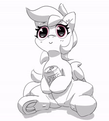 Size: 2870x3197 | Tagged: safe, artist:pabbley, imported from derpibooru, rainbow dash, pegasus, pony, big eyes, black and white, female, floppy ears, frog (hoof), grayscale, high res, hoof hold, mare, monochrome, partial color, pubic mound, simple background, sitting, smiling, soda, soda can, solo, thousand yard stare, underhoof, white background