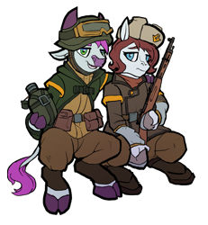 Size: 2737x2966 | Tagged: safe, artist:tass_the_bovine, imported from derpibooru, oc, oc only, oc:ivana snowhoof, oc:tass, cow, earth pony, pony, yak, derpibooru community collaboration, 2022 community collab, cloven hooves, dieselpunk equestria, high res, mosin nagant, simple background, transparent background