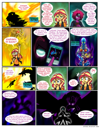 Size: 816x1040 | Tagged: safe, artist:crydius, imported from derpibooru, sunset shimmer, oc, oc:eldritch, oc:sagacious, comic:calamitous card game, equestria girls, comic, crossover, fiery shimmer, fire, glowing, glowing eyes, sharp teeth, smug, smugset shimmer, teeth, yu-gi-oh!, yugioh card