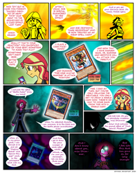 Size: 814x1030 | Tagged: safe, artist:crydius, imported from derpibooru, sunset shimmer, oc, oc:eldritch, oc:sagacious, comic:calamitous card game, equestria girls, comic, crossover, fire, sharp teeth, teeth, yu-gi-oh!, yugioh card