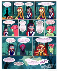 Size: 842x1038 | Tagged: safe, artist:crydius, imported from derpibooru, apple bloom, sunset shimmer, oc, oc:eldritch, oc:gamma, oc:sagacious, comic:calamitous card game, equestria girls, comic, defeat, misunderstanding, punch, red eyes, red eyes take warning, sunset shimmer is not amused, sweat, sweating profusely, this ended in pain, unamused