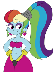 Size: 1024x1366 | Tagged: safe, artist:rarity525, imported from derpibooru, rainbow dash, genie, equestria girls, alternate hairstyle, belly button, breasts, cleavage, crossover, ear piercing, earring, geniefied, jewelry, megaradash, piercing, rainbow dash always dresses in style, shantae, simple background, solo, transparent background