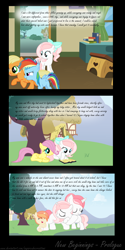 Size: 2976x5936 | Tagged: safe, artist:sugarcubecreationz, imported from derpibooru, applejack, fluttershy, rainbow dash, oc, oc:clementine, oc:sweetheart, oc:velvet rose, pony, unicorn, comic:slice of life, baby, baby pony, book, bow, female, filly, filly applejack, filly fluttershy, filly rainbow dash, foal, hair bow, mare, younger