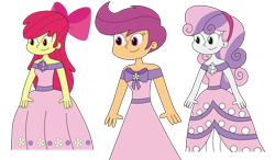 Size: 1024x597 | Tagged: safe, artist:rarity525, imported from derpibooru, apple bloom, scootaloo, sweetie belle, equestria girls, clothes, cutie mark crusaders, dress, simple background, transparent background